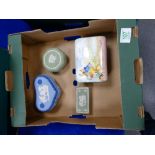 Wedgwood Japserware items to include: Tri colour lidded box, trinket boxes and Crown Devon Musical