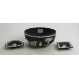 Wedgwood Black Basalt Footed Bowl: together with 2 similar ashtrays(3)