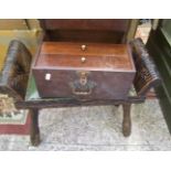 A vintage carved dark oak stool: plus a mahogany small storage chest.