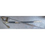 Antique British Navel Sword:with scabbard and knot, length 94cm.