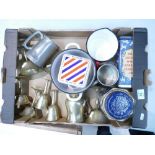 A collection of mixed metal ware to include: brass goblets, storage tins, tankards etc ( 1tray)