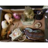 A mixed collection of ceramic and resin aminal figures: including a Sylvac cat, resin bear and