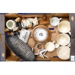 A mixed collection of items to include: Wedgwood glazed tankards, Wooden barometer, Wedgwood