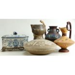 A collection of ceramics from around the world: Including a Grecian vase, an Aztec style vase, metal