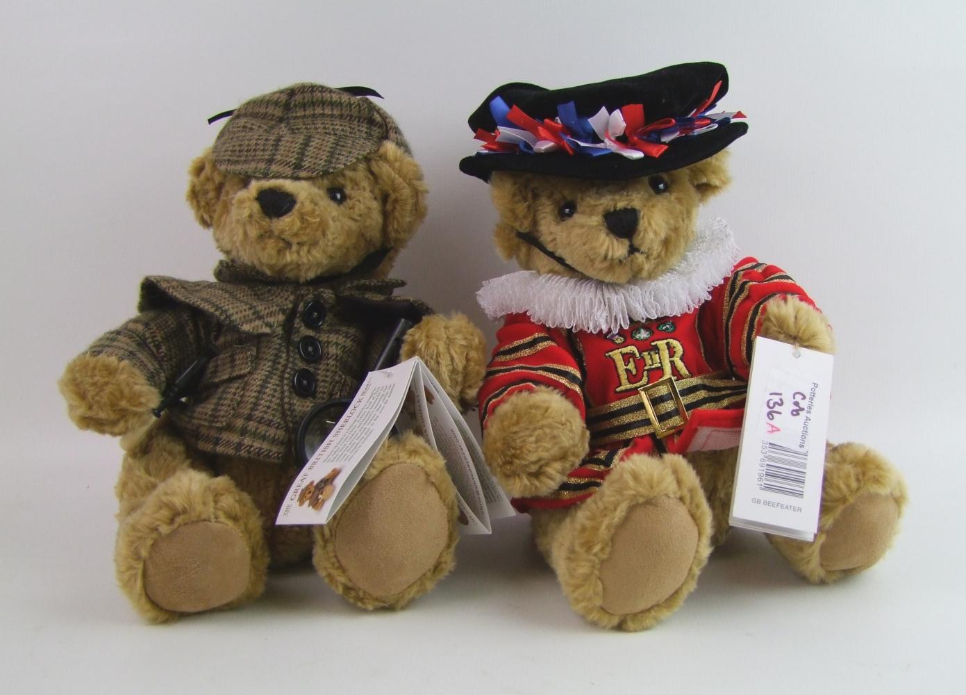 Two Great British teddy bears: Beefeater and Sherlock Holmes.