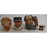Royal Doulton Large Character Jugs: Beefeater D6206, Merlin D6529 and small Old charlie & similar