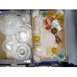A mixed collection of items to include: cut and pressed glass vases, tumblers bowls etc (2 trays )