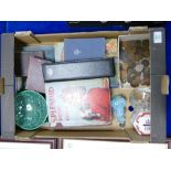 A mixed collection of items to include: early hard back books, Caithness glass vase, coins etc