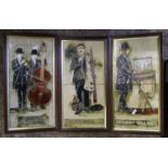 Three framed tiled plaques: with street musicians, chimney sweep and street trader.