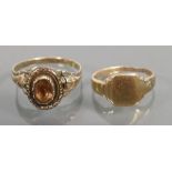 9ct gold signet ring: and another yellow metal ladies ring set with stone, 3.8 grams.