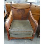 Distressed Leather & Wood Smokers Armchair 1920's: