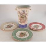 Large Wedgwood Sarah's Garden Flower Vase: together with 3 similar side plates ,