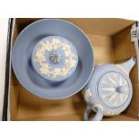 Wedgwood Blue Jasper Teapot: large footed fruit bowl & powder box(3)