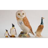 Beswick Large Barn Owl 1046: Mallard Duck and damaged penguin figures