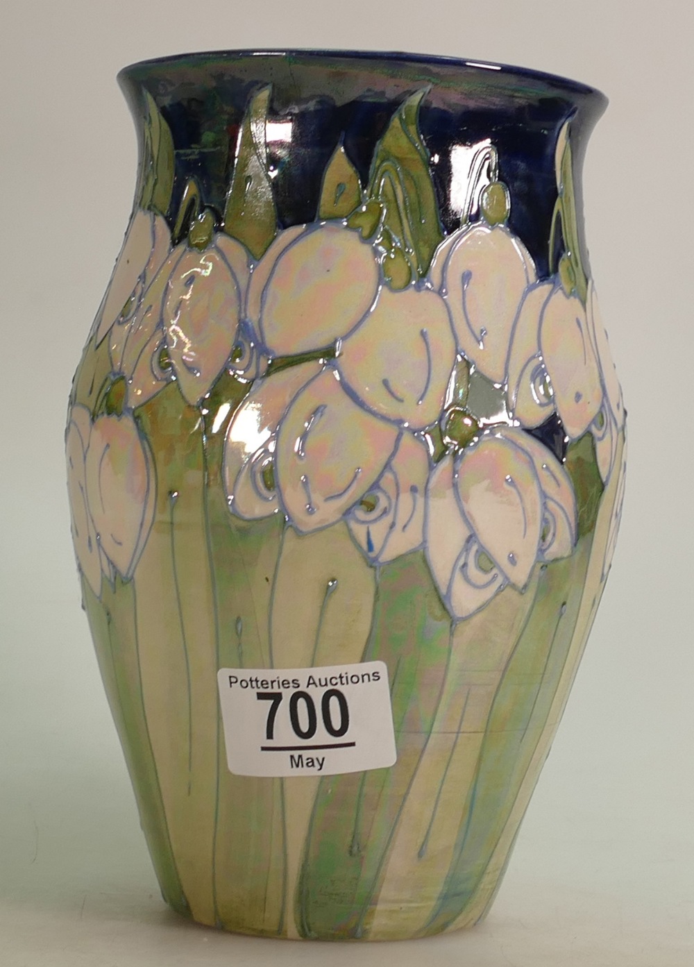 Lisa B Moorcroft hand thrown vase: snowdrop decoration ( hairline to rim) Height 20cm