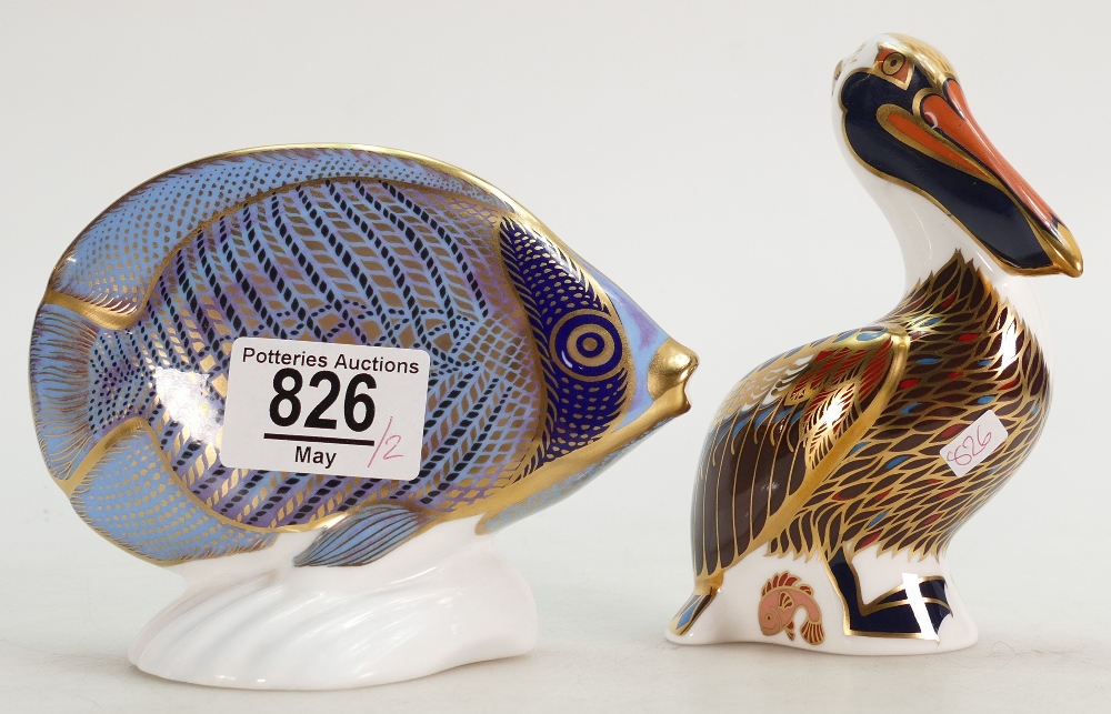 Royal Crown Derby Seconds Paperweights: Pelican & Butterfly Fish(2)