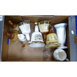 A collection of Wade bells whiskey decanters: together with Wedgwood Queens ware vase etc ( 1 tray)