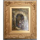 18th or 19th century Oil painting on Canvas of a Moorish scene of a man and woman by arched doorway