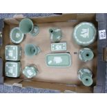 A collection of Sage Green Wedgwood Jasperware to include: vases, trinket boxes.