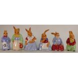 Royal Doulton Bunnykins figures Reggie DB474, Mother DB472, Mary DB473, Farmer DB471, Billy DB476,