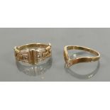 9ct gold rings: 9ct gold buckle ring and a 9ct gold wishbone ring, 4.7 grams.