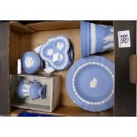 A collection of Wedgwood blue jasper ware items to include: vases,