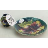 Moorcroft Hibiscus on Green Ground small vase( (nip to rim) & pin tray: diameter of largest 12cm