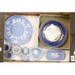 Wedgwood Blue Jasperware items to include: plates, ashtrays,