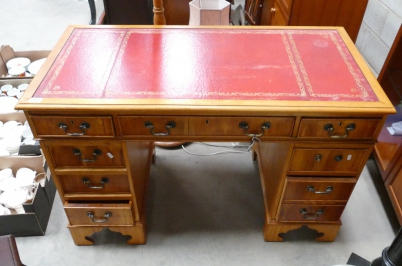 Modern Light Oak Small Pedestal Desk: red leathered top