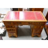 Modern Light Oak Small Pedestal Desk: red leathered top