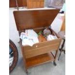 Mid Century Sewing Trolley and contents: with lift up lid