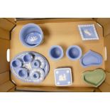 A collection of Wedgwood jasper ware item to include: dressing table tray, candlesticks,