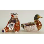 Royal Crown Derby Seconds Paperweights: Seated Bear & Mallard(2)
