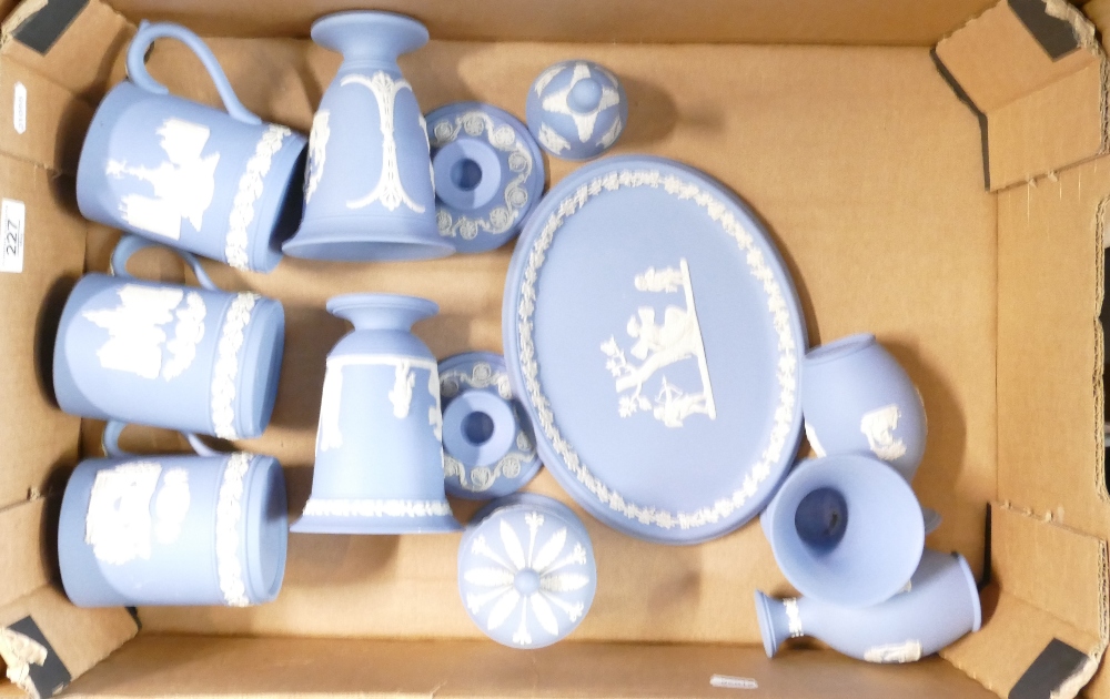 Wedgwood Blue Jasperware items to include: vases, tankards,