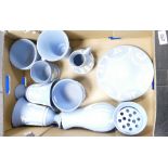 A large collection of Wedgwood Blue Jasperware items to include: vases, tankards,