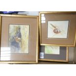 Four small watercolours of mice / voles & a bird by M Tinsley & another: Three mice / vole related