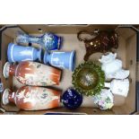 A mixed collection of items to include: Wedgwood Jasperware fared vases, carnival glass green bowl,