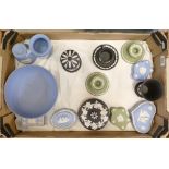 A collection of Wedgwood jasperware: including black, green and blue coloured items.