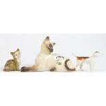 Beswick Siamese cat: together with a seated cat and a fox hound ( 2 legs A/F) (3)