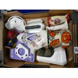A mixed collection of items to include: Wade Heath hand decorated jug, metal pot pouri canisters,