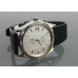 Gentlemans steel omega seamaster quartz wristwatch with leather strap.