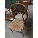 Edwardian Mahogany Inlaid Small Arm Chair: together with Victorian Rose Wood Rush Seated Chair(2)