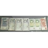 Selection of 7 old UK banknotes £5 down: Four x £5 banknotes (3 x Gill, 1 x Fforde),