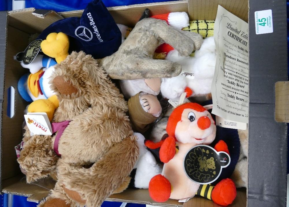 A collection of stuffed toys including straw filled dogs, teddies etc