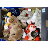 A collection of stuffed toys including straw filled dogs, teddies etc
