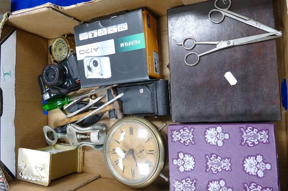 A mixed collection of items to include: camera's clocks, cased knife sets etc