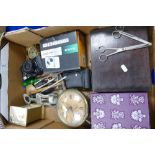 A mixed collection of items to include: camera's clocks, cased knife sets etc