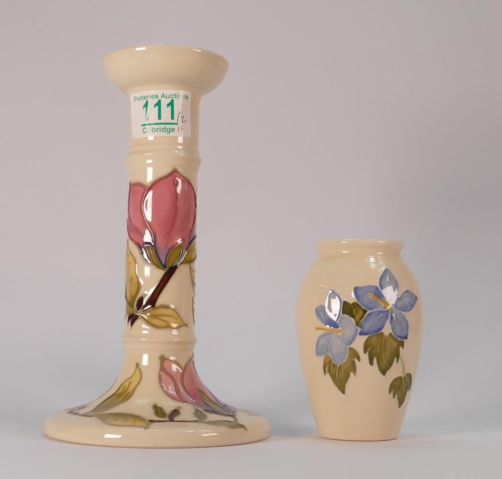 Moorcroft pink magnolia candlestick: silverline seconds together with blue flower(unmarked) (2)