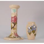 Moorcroft pink magnolia candlestick: silverline seconds together with blue flower(unmarked) (2)