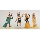 Royal Doulton Bunnykins figures: Indian DB202, Matador DB281, Tyrolean dancer DB242 and Flemenco